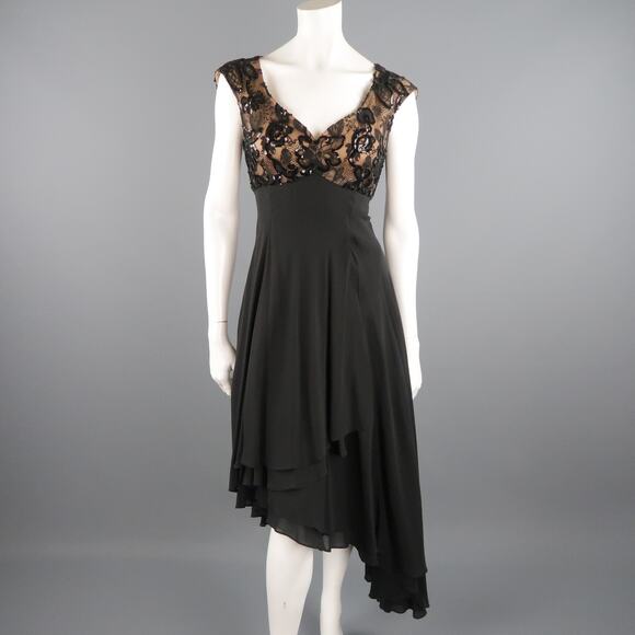 CANDICE FRAIBERGER 4 Black Sequin Lace Top Asymmetrical Skirt Cocktail Dress - Picture 1 of 9